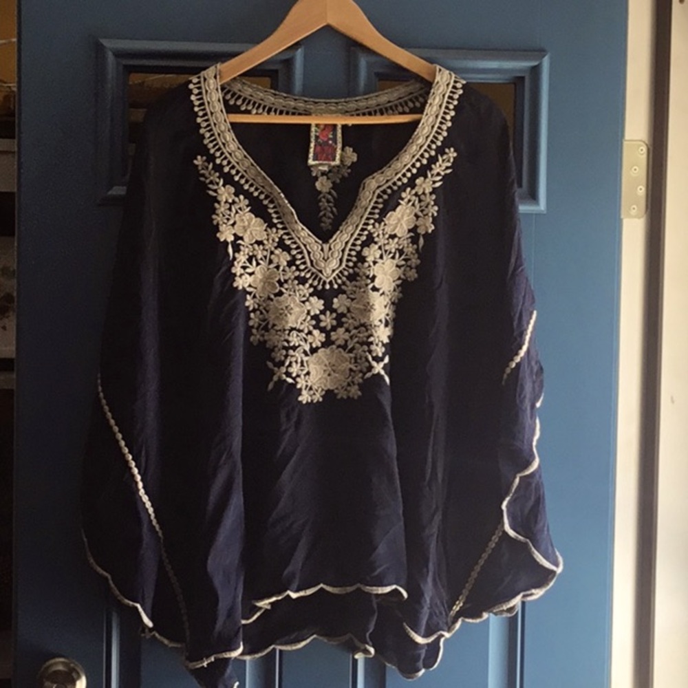 Johnny Was Navy Blue Swim Coverup with Cream Embroidery